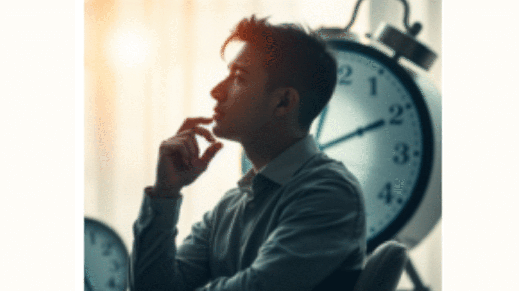 trabajador sentado. a la mesa con relojes de fondo. Procrastinar