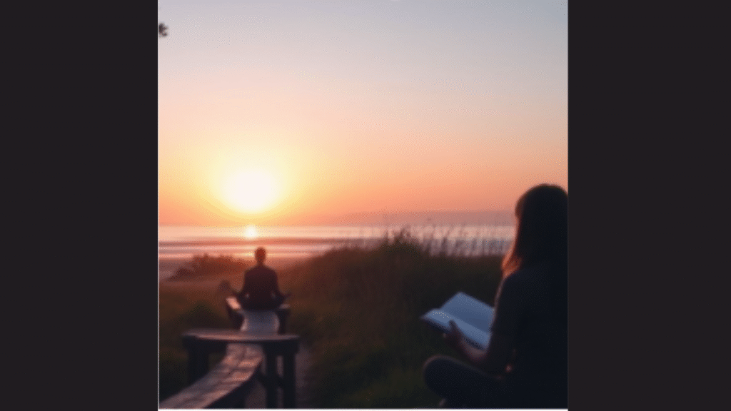 atardecer al fondo, una persona meditando, otra leyendo
