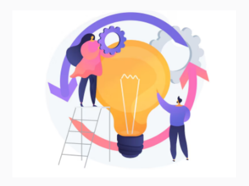 dibujo de 3 personas rodeando una gran bombilla