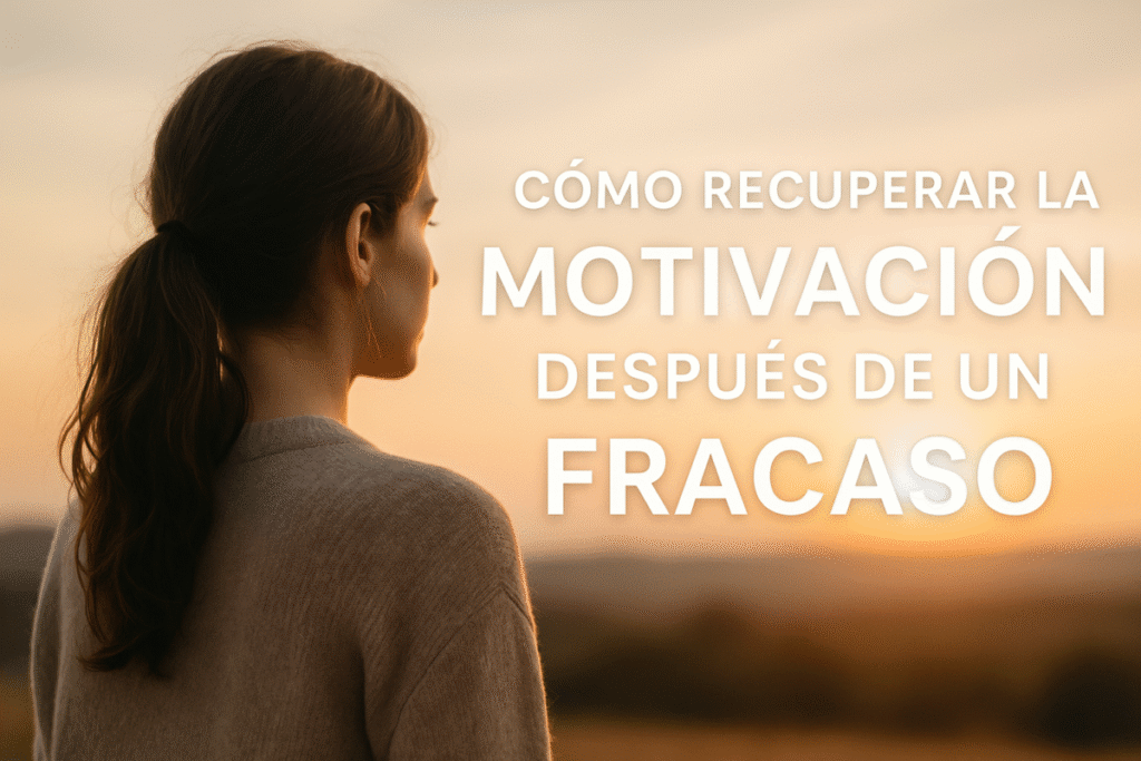 mujer mira el amanecer con texto recuperar la motivación tras un fracaso