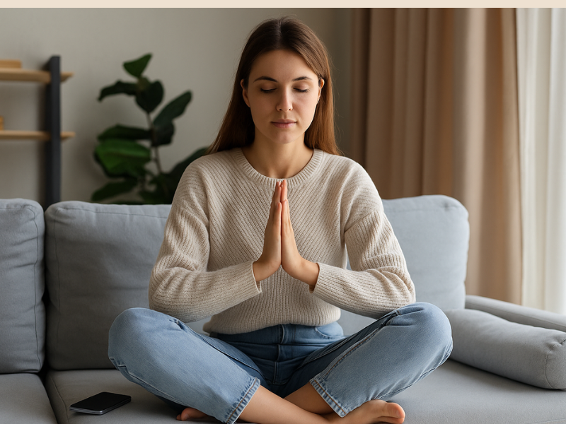 chica meditando en el sofa para recuperar el foco