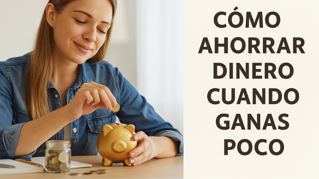 chica metiendo dinero en una hucha con cartel de como ahorrar dinero cuando ganas poco