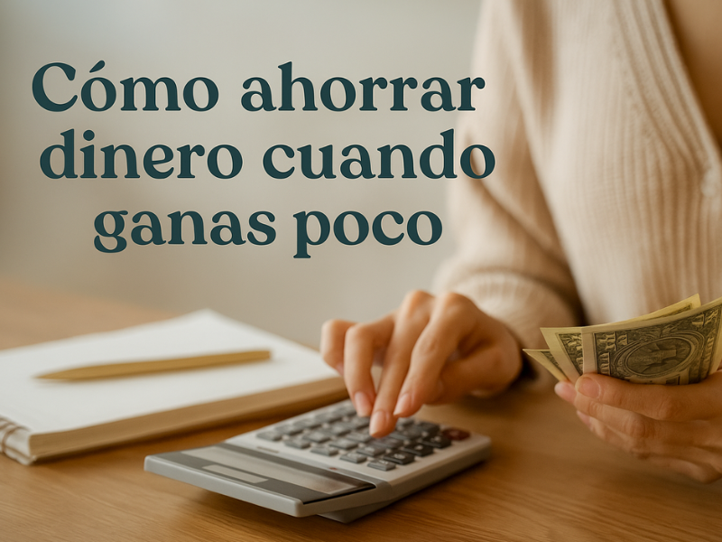 calculadora sobre mesa de madera con letrero como ahorrar dinero cuando ganas poco