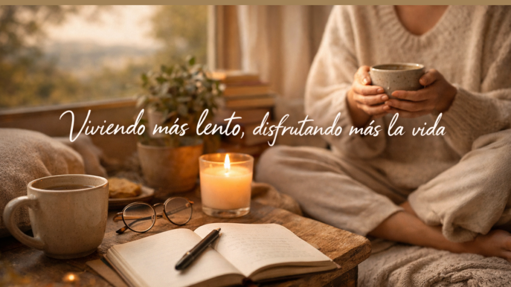 imagen cozy con cartel de vida lenta