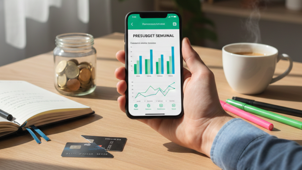 mano sujetando un movil con imagen de presupuesto semanal