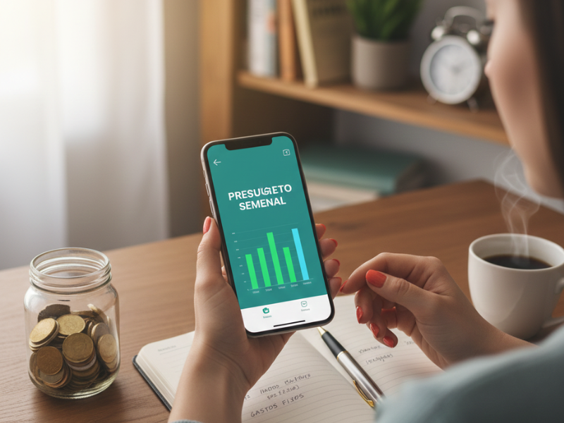 mesa con taza de cafe monedas y movil con presupuesto semanal